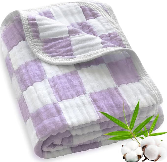 Muslin Swaddle Blankets, Ultra Soft Checkered Receiving Blankets for Baby Boys and Girls, 43 x 43 Inches Baby Swaddle Neutral Wrap 70% Cotton and 30% Rayon Purple