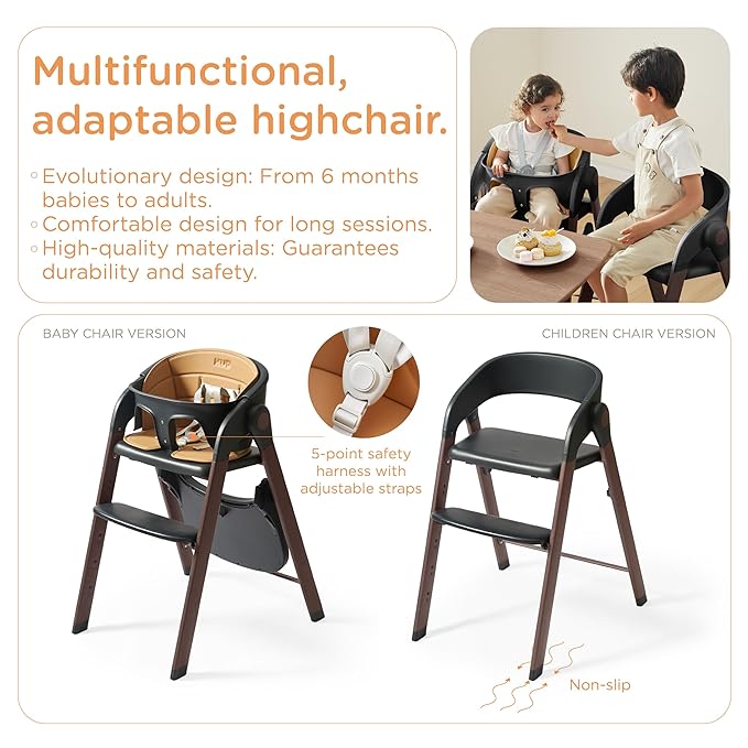 KUB High Chair for Babies and Toddlers Adjustable Foldable Convertible 5 Point Harness Easy Clean Wood-Printed Metal with Removable Tray Baby Highchair for Family (Black&Walnut Wood-Printed Metal)