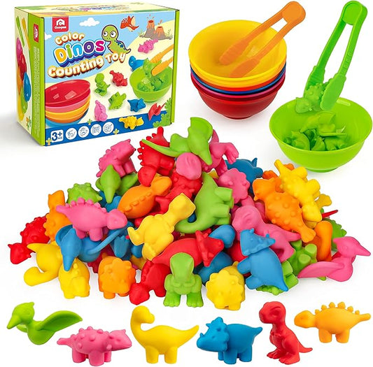 Coogam Counting Dinosaur Sorting Toy Set, Color Matching Classification Game, Montessori Fine Motor Skill Preschool Educational Montessori Learning Toys for 3 4 5 Years Old