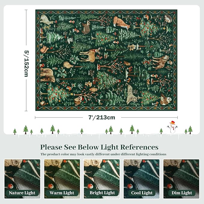 OJIA Christmas Area Rug 5x7 Washable Rugs for Living Room, Green Animal Bedroom Carpet Ultra-Thin Non-Slip Nursery Rug, Xmas Holiday Rug Indoor Carpet for Kids Playroom Entryway Dining Room