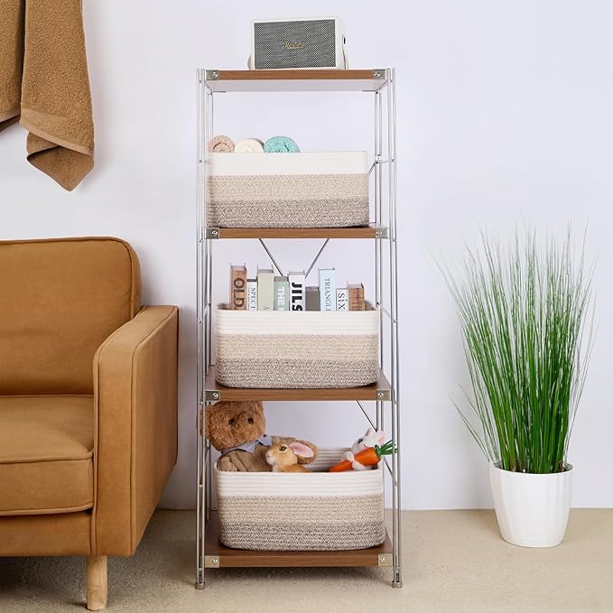 Large Storage Baskets for Organizing, Closet Shelf Baskets for Clothes Blanket Towels, Baby Nursery, Toy Bins Box, Woven Rope Basket, 17 x 13 x 7.5”, 3 Packs Gradient Brown