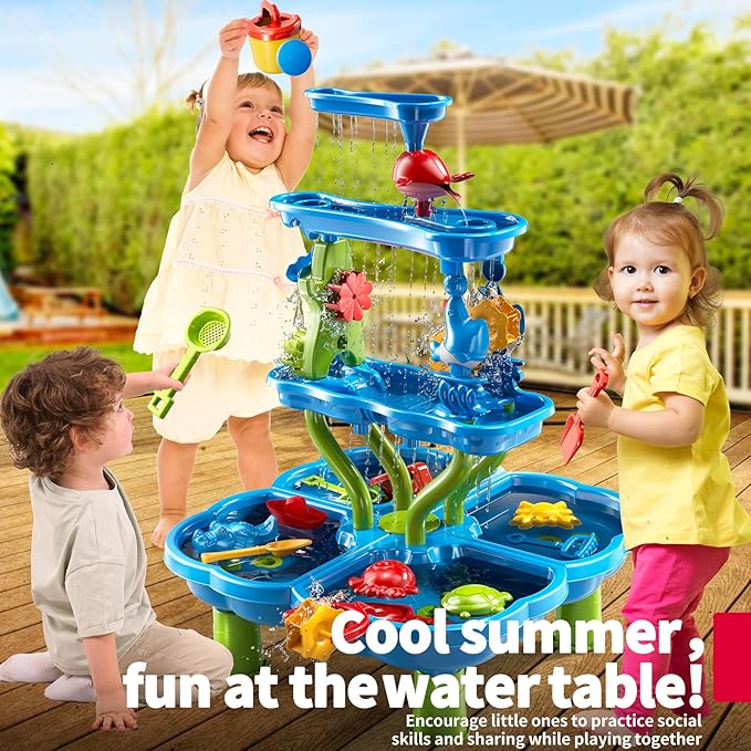 4 -Tier Kids Water Play Table for Kids Toddlers 3-5 4-8, Sand and Water Table with Rich Activity Set, Water and Sand Sensory Activity Play Table Summer Beach Outdoor Indoor Toys for 3 4 5 6 7 8