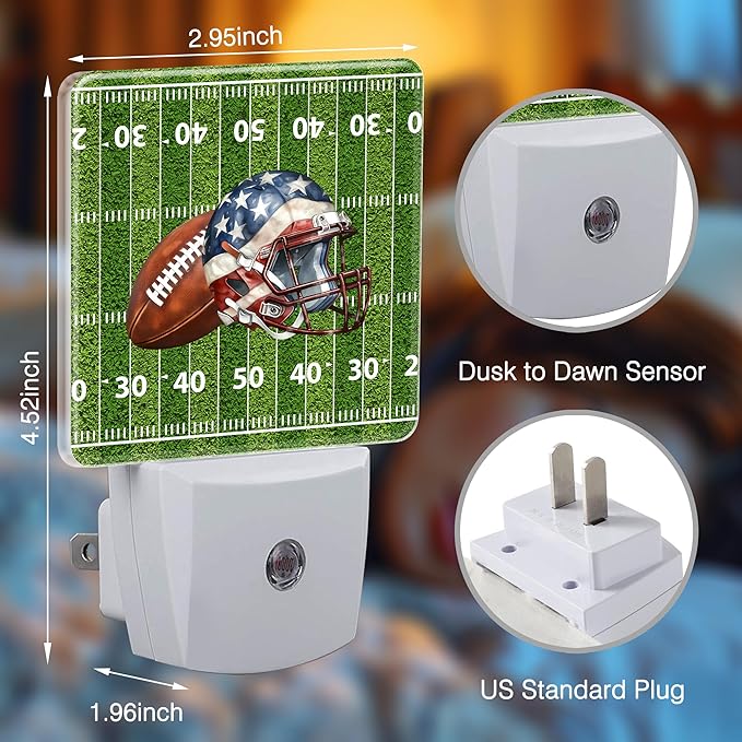 American Football Field Night Light Plug into Wall with Dusk to Dawn Light Sensors Helmet Football Night Light LED Lamp for Bedroom Hallway Home Wall Decor Nightlight for Girls Boys Men Women