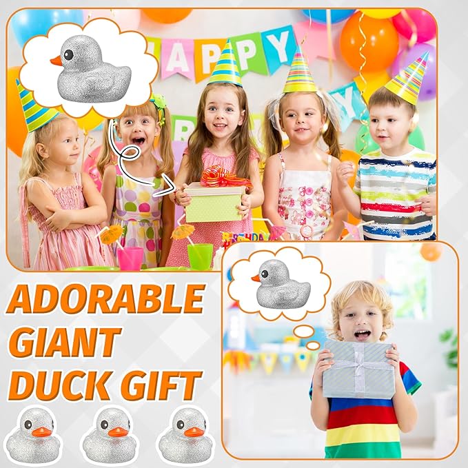 Honoson 6.89 Inch Giant Glitter Rubber Duck Big Glitter Rubber Duck Large Sparkly Duckling Bath Toy with Squeaky Sound for Summer Baby Shower Birthday Party Favor Gift(Silver)