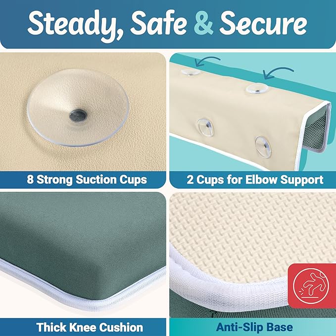 Baby Bath Kneeler and Elbow Rest Pad Set - Quick-Dry, Non-Slip Kneeling Pad for Bathing Toddler, Toy Organizer Pockets, Gift Box, Accessories for Tub, Green