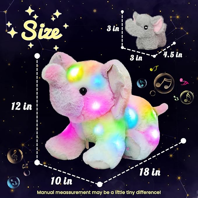 Hopearl LED Musical Stuffed Colorful Elephant Light up Singing Plush Toy Playset Mommy Elephant with 3 Baby Elephish in her Tummy Adjustable Volume Lullaby Animated Soothe Gifts for Kids, 18''