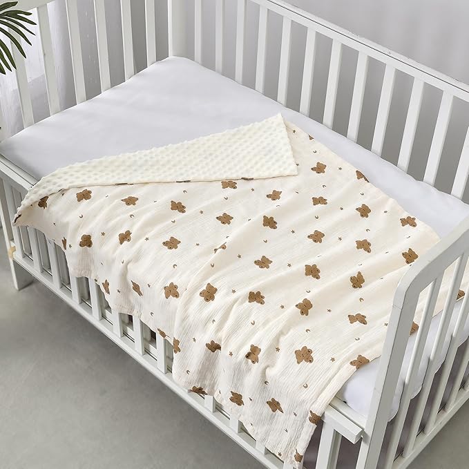 CREVENT 30''X40'' Organic Muslin Cotton Baby Blanket for Newborns, Soft Mink Backing, Essential for Baby Shower Birthday Gift - Bear 75X100cm