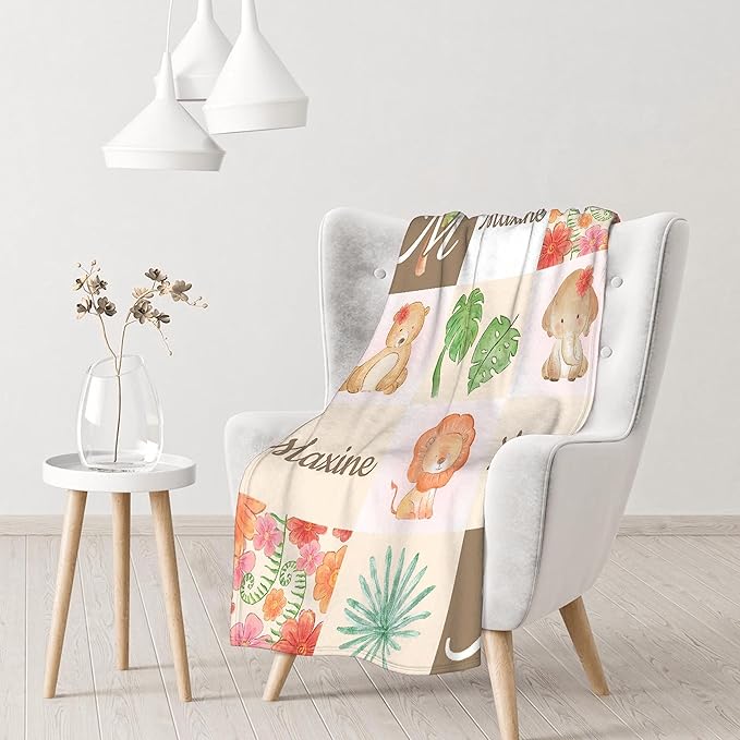 Personalized Baby Blanket for Girls Boys Animals Custom Baby Blanket with Name Swaddle Blanket for Toddlers Infants Kids Shower Newborns Nursery Stroller Crib Decor Throw Birthday Gift