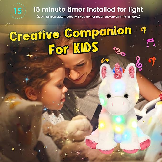 Hopearl LED Musical Stuffed Unicorn Light up Singing Plush Toy Adjustable Volume Lullaby Animated Soothe Birthday Festival for Kids Toddler Girls, White, 13''