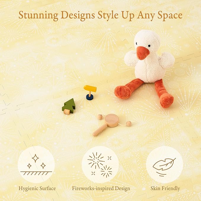 PopsyKosy Premium Exercise & Baby Foam Play Mats - Stylish & Large Non-Toxic Odorless Floor Mat - 6 Tiles - Spacious 6ft x 4ft - Peel-Resistant Reinforced - Soft Thick, Waterproof - Champagne Yellow