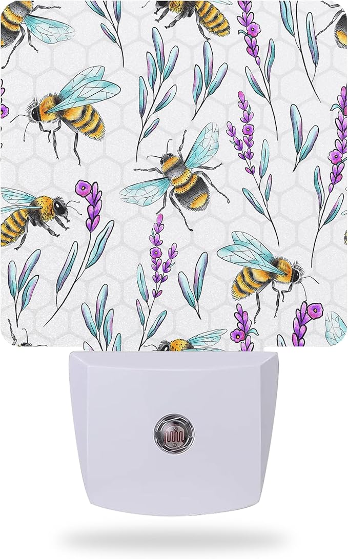 Night Light With Bees and Lavender Flowers - Dusk to Dawn Sensor for Kids, Girls, Boys, Women, Men - Room Decor for Hallway, Kitchen, Bathroom, Nursery, Stairs
