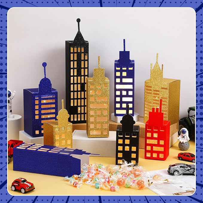 15 Pcs Hero Party Favor Boxes Skyscraper 3D City Box Skyline Buildings Heroes Candy Goodies Boxes Hero Theme Centerpiece Decorations Birthday Party Supplies(Classic Color)