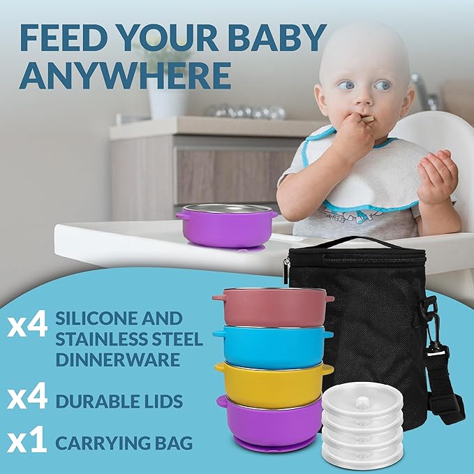 Stainless Steel Toddler Bowls with Suction & Lids – 4-Pack Spill-Proof Kids Bowl Set with Travel Bag – BPA-Free & Dishwasher Safe