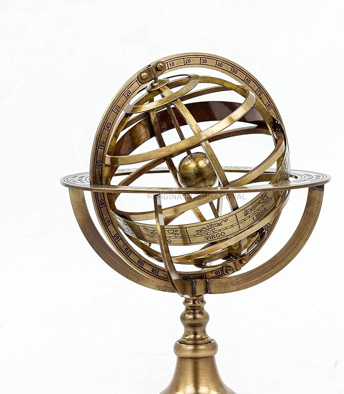 Antique Vintage Zodiac Armillary Brass Sphere Globe Wooden Display | Pirate's Antique Ship Decor | Nagina International (Large, Antique Brass)