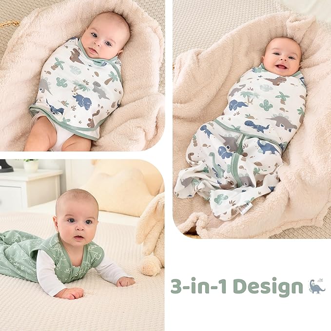 Baby Swaddle Sleep Sack 3-6 Months, Swaddles for Newborns Boy Girl, 3-Way Adjustable Infant Swaddle Wearable Blanket with Zipper & Detachable Wrap, 2 Pack Soft Snug Green Dinosaur