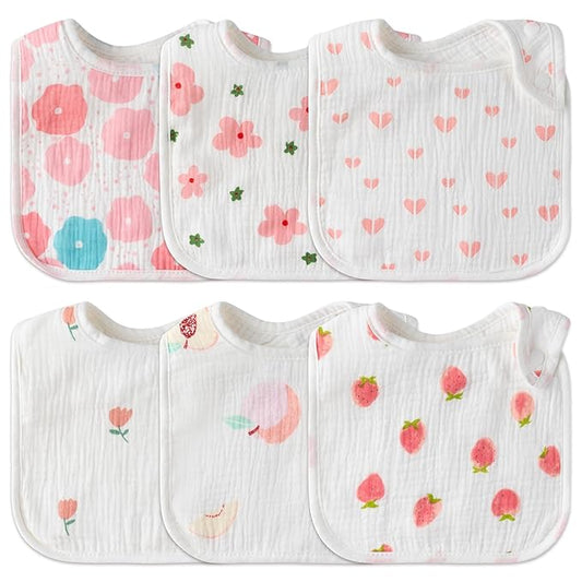 Zainpe 6Pcs Snap Muslin Cotton Baby Bibs Flowers Strawberry Patterns Infants Drooling Bib Soft Absorbent Adjustable Feeding Burp Cloths for Newborns Boy Girl Toddlers Teething Eating 0 to 36 Months