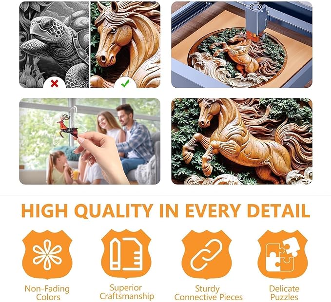 Wooden Puzzles for Adults - Flat Puzzle with 3D Visual Effect Horse Puzzle, Unique Shape Animal Wooden Puzzle, Unique Gift Ideas, Wood Puzzles Adult, Wall Art Puzzle Canvas (L-13.4*13.4in-275 Pieces)