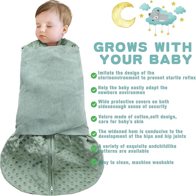 Fleece Newborn Sleep Sack Baby Swaddle,3-Way Adjustable Wearable Blanket,2 Pack Fleece Swaddling Sleeping Bag TOG 2.0， (Blue&Green, 0-3 Months)