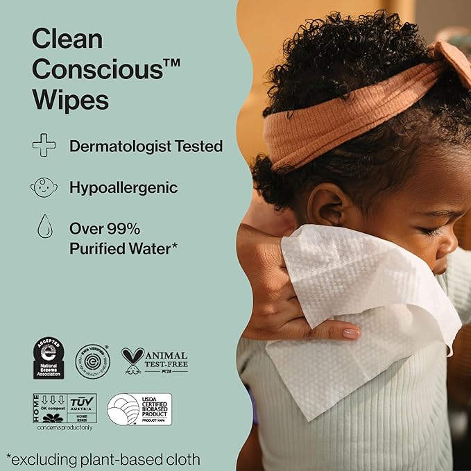 The Honest Company Clean Conscious Multi-Use Wipes, Unscented Hypoallergenic Baby Wipes for Sensitive Skin, 99% Water Plant-Based Compostable Wipes, Pattern Play, 720 Count