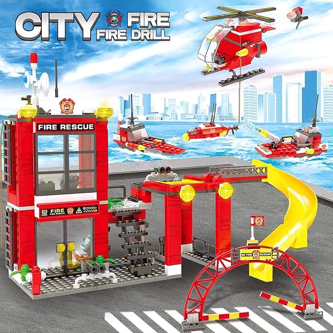 Liberty Imports 580 PCS City Fire Station Building Blocks Set - Marine Fire Rescue Toy Bricks Kit with Emergency Firefighter Patrol Ships & Helicopter - Storage Box with Baseplates Lid for Kids