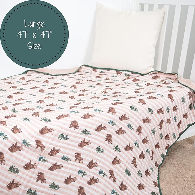 LollyBanks Muslin Baby Blanket 100% Organic Cotton, Muslin Quilt Lightweight, 6 Layers Soft Blanket Neutral, 47"x 47" Toddler Blankets for Girls and Boys, Nursery Receiving Blankets (Bear Print)
