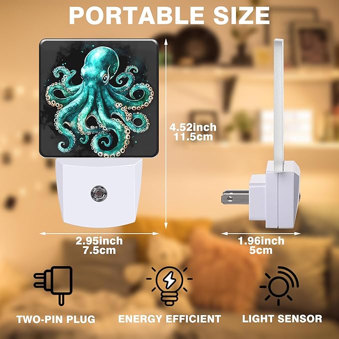 Green Octopus Night Light, Ocean Sea Animal Plug-in Nightlight with Dusk to Dawn Auto Sensor for Home Bedroom Hallway Kitchen 0.5W Sleep Friendly Led Lamp for Women Men