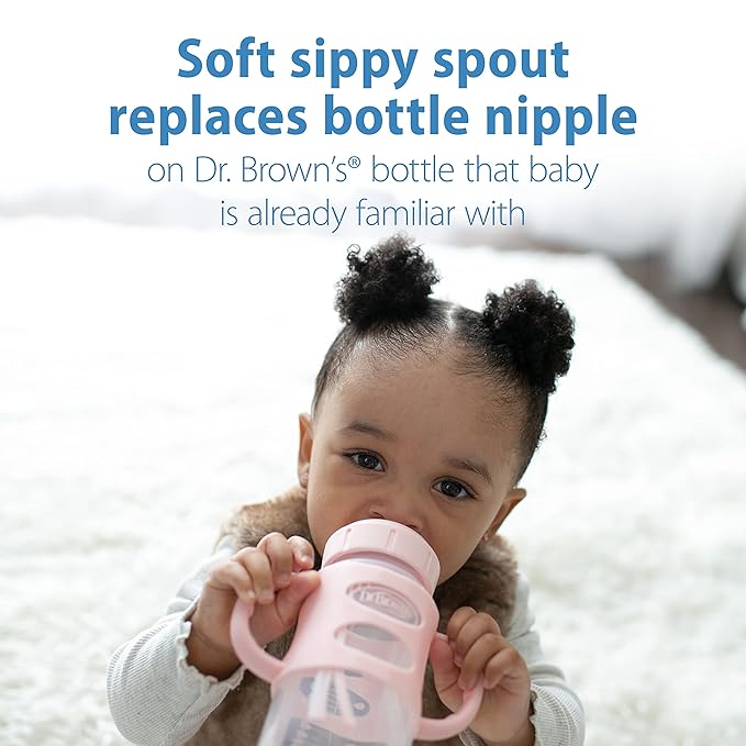 Dr. Brown's Milestones Wide-Neck Sippy Spout Bottle with 100% Silicone Handles, Easy-Grip Handles with Soft Sippy Spout, 9oz/270mL, Light-Pink, 2-Pack, 6m+