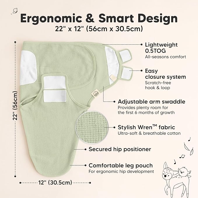 3-Pack Organic Swaddles for Newborns, Baby Sleep Sacks 0-3 Months - Baby Swaddle Wrap, Newborn Wearable Blanket, Infant Sleep Sack for Girls, Boys, Soft & Snug, Large Hook & Loop Closure (Willow)