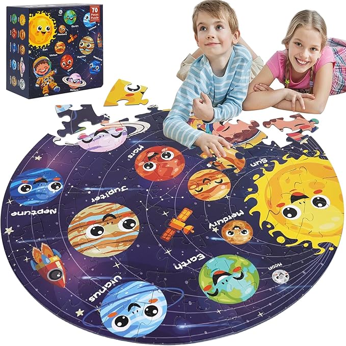 Floor Puzzle for Kids Ages 5-8 with Solar System Planets 70 Piece Globe Space Planets Large Floor Puzzle for Kids, Planet Round Large Puzzle for Toddlers, Geography Educational Toys for Boys&Girls