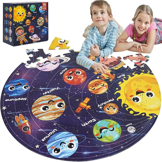 Floor Puzzle for Kids Ages 5-8 with Solar System Planets 70 Piece Globe Space Planets Large Floor Puzzle for Kids, Planet Round Large Puzzle for Toddlers, Geography Educational Toys for Boys&Girls