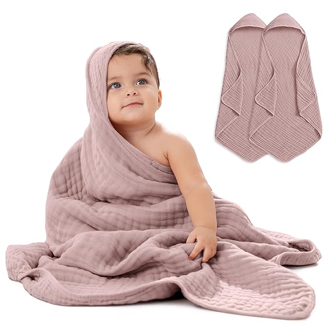 Comfy Cubs Hooded Baby Towel 2-Pack, Large 32 x 32 Inch - 6 Layer 100% Muslin Cotton for Babies, Toddlers and Kids - Soft & Absorbent Baby Bath Towels - Unisex Design for Bath Time - Mauve