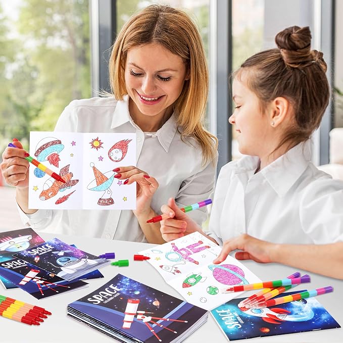 BenLouis 12 Outer Space Mini Coloring Books Kids with 12 Stacking Crayons Astronaut Party Favors Small Activity Books Bulk for Kids Solar System Galaxy Planet Alien Party Gift Goodie Bag Stuffers