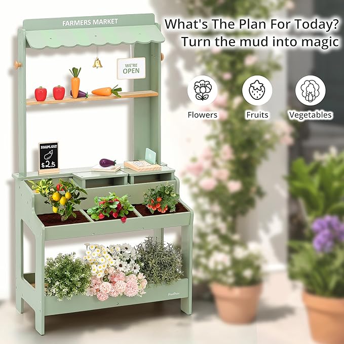 PairPear Wooden Mud Grocery Stand, 2-in-1 Outdoor Market Stand & Mud Kitchen for Kids Outdoor, Montessori Pretend Play Toy with 14 Accessories, Cash Register & Play Food, Ages 3+ in Green