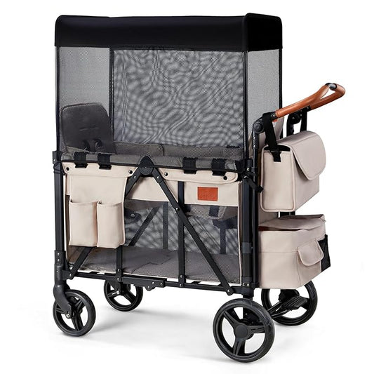 Wagon Stroller for 2 Kids, High Seat & 5 Point Harness, Foldable All-Terrain Wagon for Toddler with Canopy, Parent Organizer, Shoulder Bag, Adjustable Handlebar, Ultimate Double (Beige)