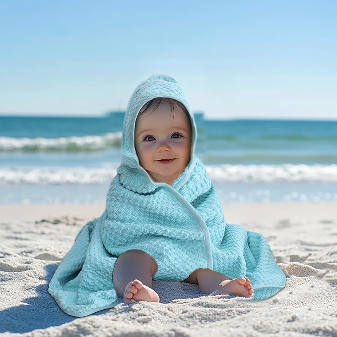 ORIGINAL KIDS Hooded Baby Towel for Newborn - Soft Waffle Weave Baby Bath Towel with Hood for Infant, Toddler - 100% Cotton with Poly Suede Piping - Absorbent Newborn Bath Essentials -32x32- Cool Blue