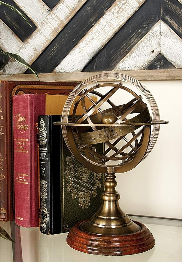 Antique Vintage Zodiac Armillary Brass Sphere Globe Wooden Display | Pirate's Antique Ship Decor | Nagina International (Large, Antique Brass)