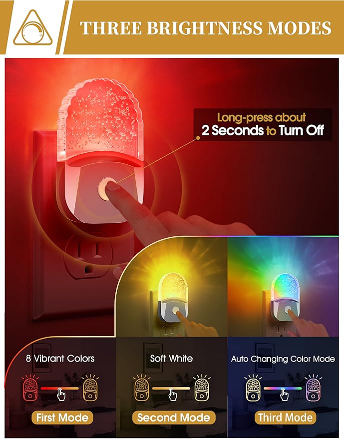 DORESshop 8-Color RGB LED Night Lights Plug Into Wall [2 Pack], Color Changing RGB LED Night Light with Dusk to Dawn Sensor for Bathroom Decor, Chrome Cover