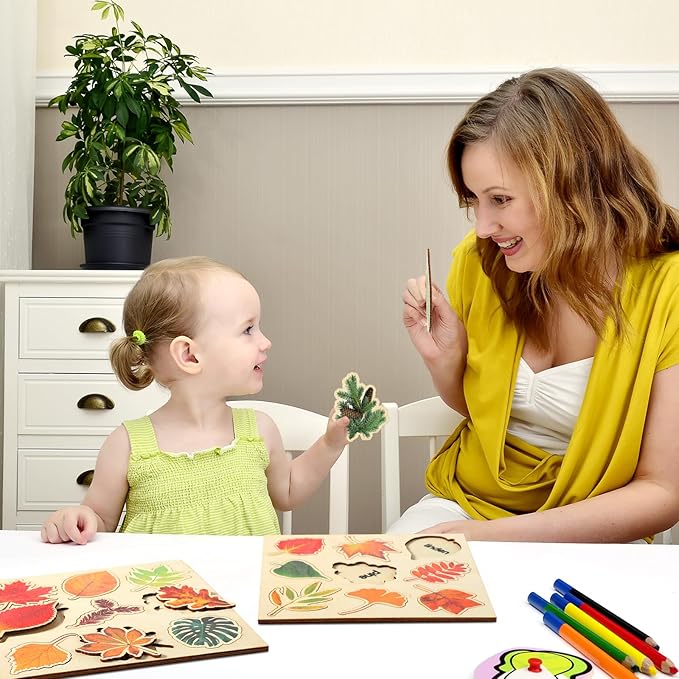 Kathfly 2 Pieces Leaf Wooden Jigsaw Puzzles Leaf Puzzle Montessori Toy Early Educational Learning for Birthday Gift Early Education School(Fresh)