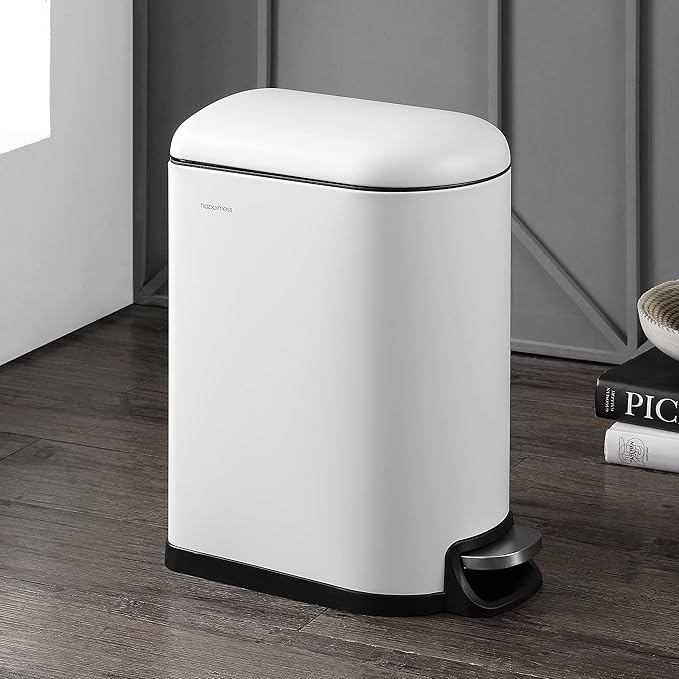 happimess HPM1010C Roland 10.6-Gallon Step-Open Trash Can with Soft-Close Lid, Modern, Minimalistic, Fingerprint Proof for Home, Kitchen, Laundry Room, Office, Bedroom, Bathroom, White