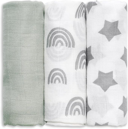 GLLQUEN BABY Receiving Blanket Boy Cotton Muslin Swaddle Blankets Girl Newborn Squares Breathable & Soft Thin Baby Blankets Cloths Double Absorbent Infant Swaddling Wrap - 3 Pack (Star)