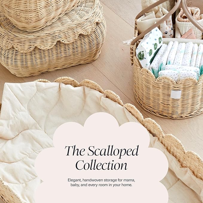 BEBE BASK Premium Baby Diaper Caddy Organizer - Handmade & Award-Winning Scalloped Rattan Basket - Luxury Diaper Caddy Basket - Elegant Scalloped Edge (Natural)