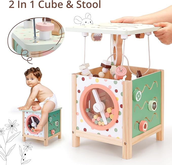 PairPear Wooden Activity Cube Montessori Toys Wooden Play Cube Activity Center Baby Busy Board Multifunctional Early Educational Development Toys Sensory Gifts for Toddlers Girls Boys 1 2 3 Year Old