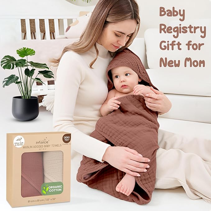 Organic Cotton Muslin Baby Hooded Towels - 32x32 Inch, 2 Pack Newborn Bath Towels for Boys & Girls, Soft & Absorbent Bath Set (Rust/Ivory)
