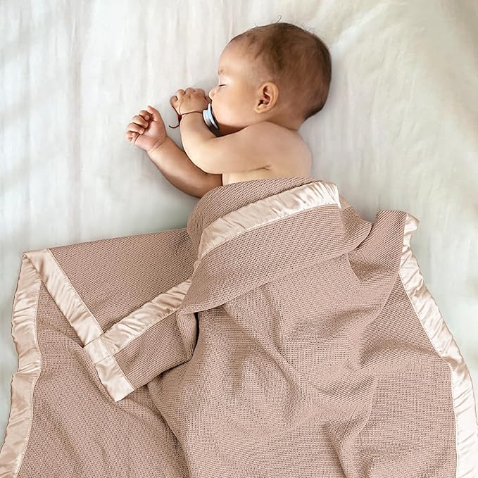 lulumoon Swaddle Baby Blanket: Waffle Blanket with Satin Trim - Breathable Toddler Blankets Perfect for Nursing Cover and Playtime - Cotton Crib Quilt for Daytime Naps 40"x36"(Dusty Rose)
