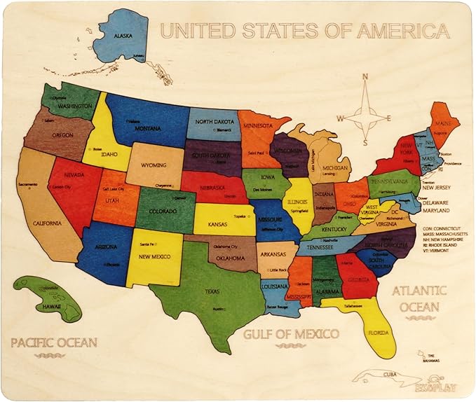 USA Map Wooden Jigsaw Puzzle for Kids | 44 Puzzle Pieces | Learning & Educational Toy Gift for Boys & Girls Ages 3 Years and Above