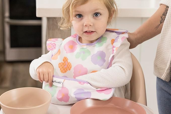 Tiny Twinkle Mess Proof Baby Bibs for Eating – Waterproof, Wipeable Toddler Bibs with Pocket – Baby Food Bibs for Girls & Boys(3 Pack, Floral Pop)