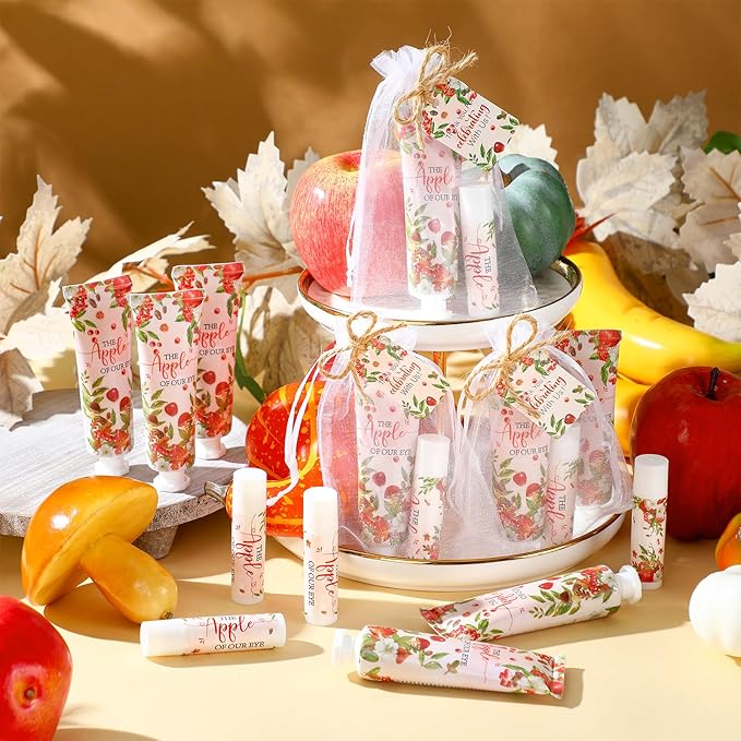 24 Sets Apple of Our Eye Theme Baby Shower Hand Cream and Lip Balm Gift Fall Apple Baby Shower Party Favors Travel Size Hand Lotion and Lip Balm Bulk with Organza Bags Tags Party Supplies for Guest