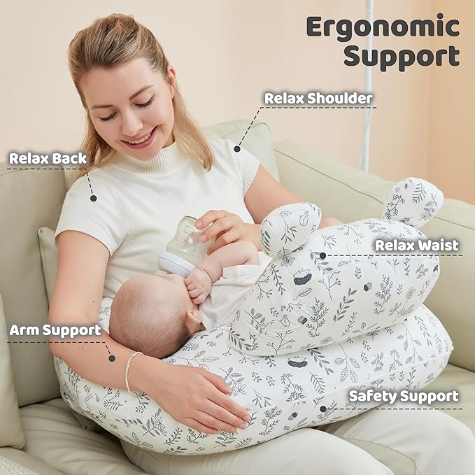 Nursing Pillow for Breastfeeding, Breast Feeding Pillow for Mom Support, Adjustable Waist Strap and Removable Cotton Cover, Leaves
