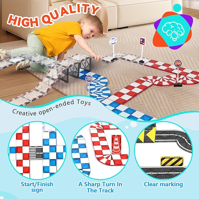 Magnetic Tiles Road Set & Racing Track Expansion Pack, Magnetic Blocks Building Toys for 3+ Year Old Boys Girls, STEM Magnetic Toys Magnetic Tiles for Toddlers 3-5 4-8