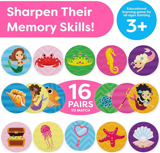 Mermaid Toys for Girls 4-6 Matching Game - Memory Game for Kids - Girls Toys 4-5 - Mermaid Gifts for Girls 4-6 - 4 Year Old Girl Birthday Gifts Kids Games Preschool Educational Toys - Back to School